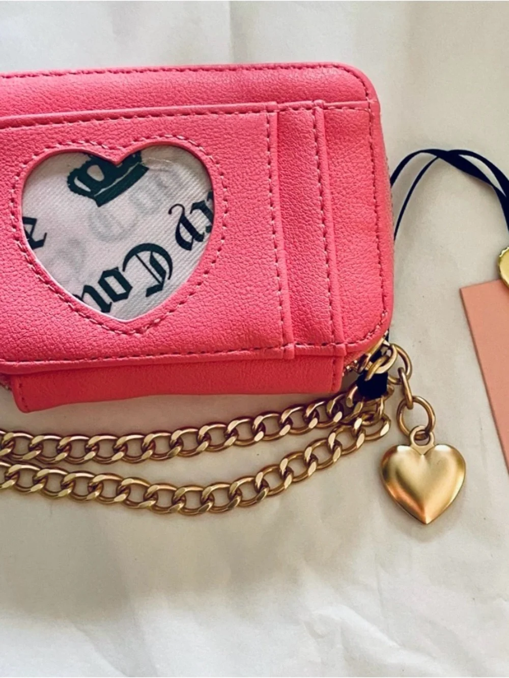 Juicy Couture Pink Wristlet Card Case with Gold Heart Charm and Chain